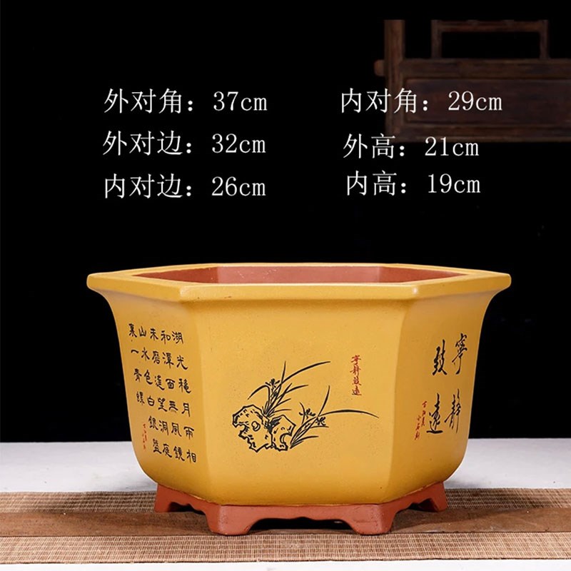 宜兴紫砂花盆六方形盆景盆植物盆栽花盆文竹榕树老桩花盆陶瓷花盆