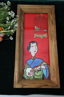 高两河陶瓷立体浮雕瓷板榆木画挂画装饰画竖版玄关过道背景墙摆件