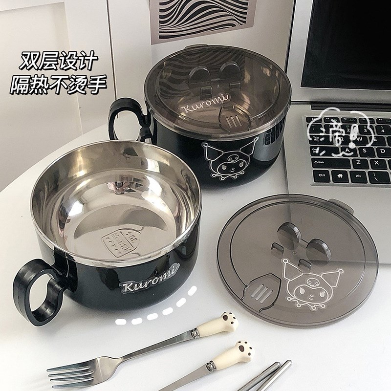 S588可爱泡面碗不锈钢隔热饭盒宿舍用学生可沥水带盖大容量方便面
