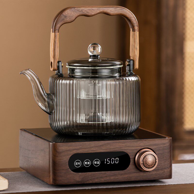 新款中式实木电陶炉加厚防爆蒸煮一体玻璃煮茶壶大容量烧水器套装