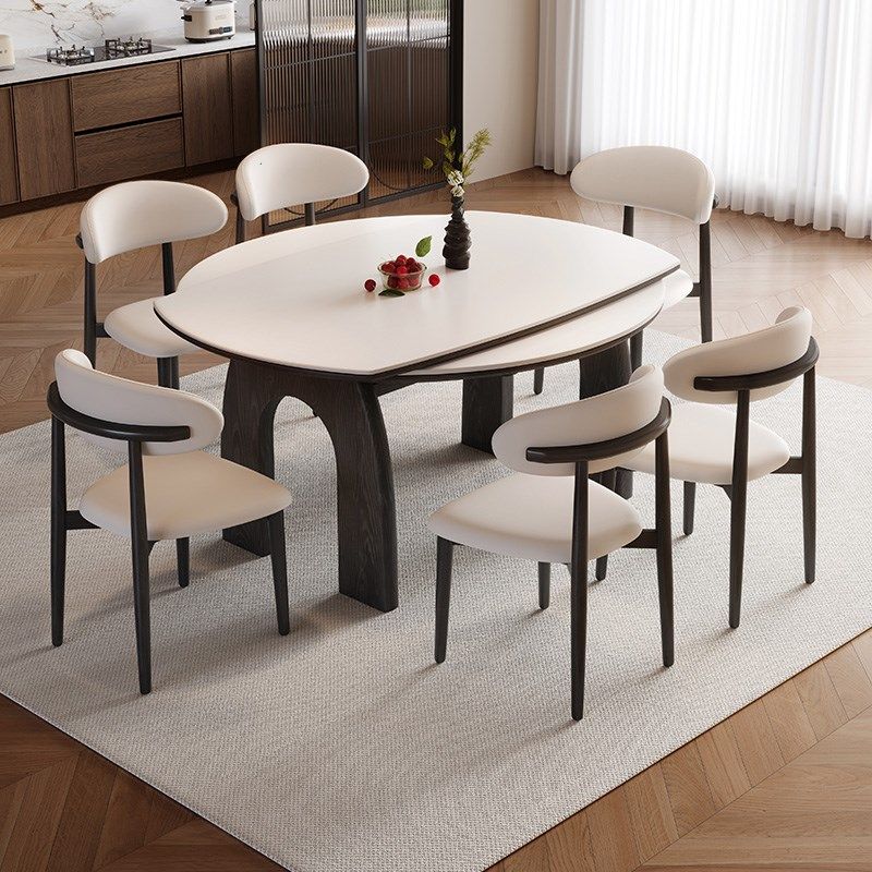 法式复古可伸缩实木餐桌可变圆桌现代简约折叠小户型岩板吃饭桌子