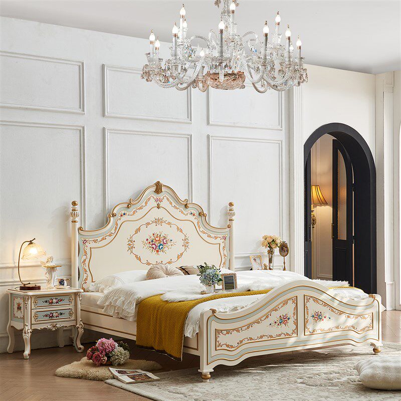 全实木法式1.8米主卧彩绘花卉女孩房奶油风欧式宫廷别墅双人婚床