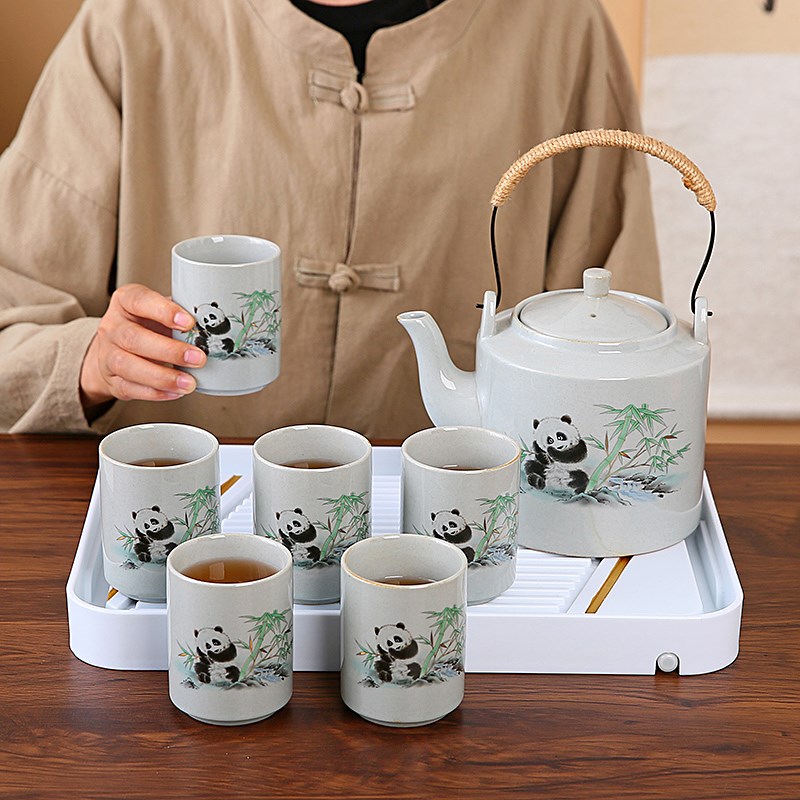 新款草木灰提梁壶茶具套装熊猫竹子家用客厅带滤网泡茶壶茶杯整套