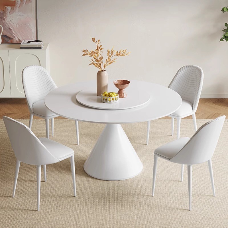 意式极简小户型家用内嵌式转盘岩板圆桌纯白岩板餐桌椅