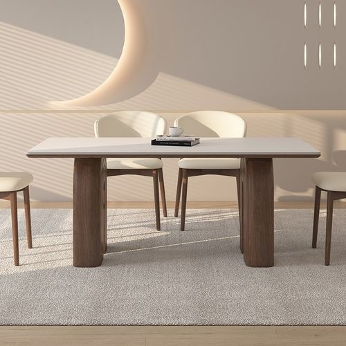 德利丰实木岩板餐桌家用高级感奶油中古风长方形小户型吃饭桌子