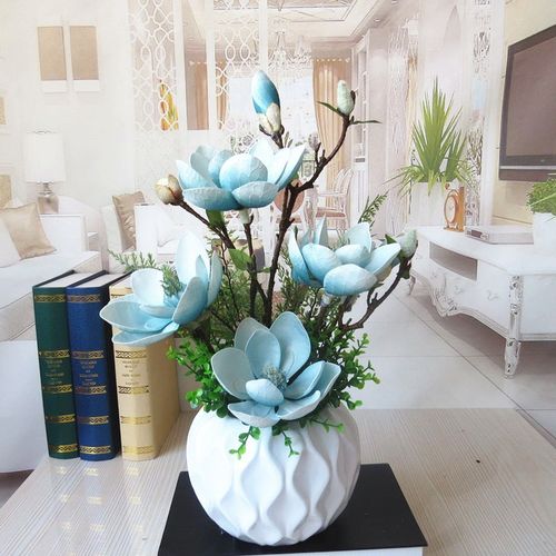 高档pu玉兰仿真花带花瓶客厅假花绢花摆设电视柜装饰花艺盆栽摆件