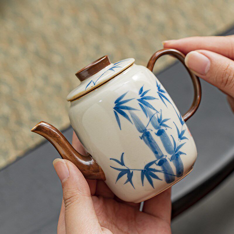 汝窑手绘竹叶泡茶壶复古陶瓷纯手写茶杯单壶家用中式高档功夫茶具