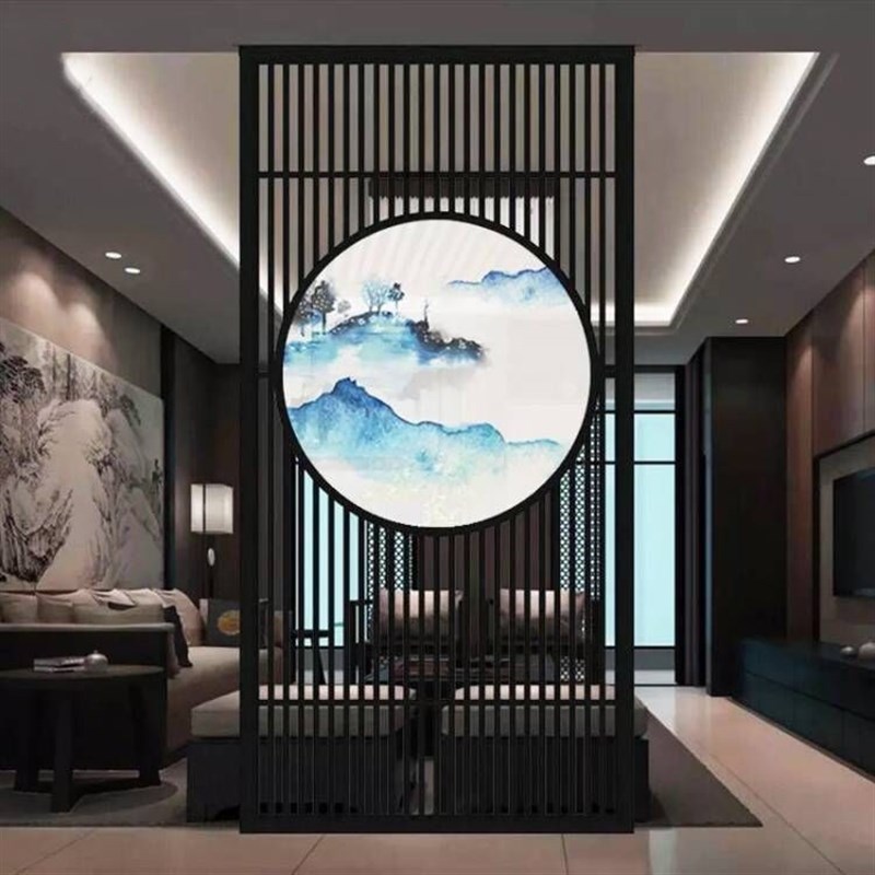新中式纱画屏风隔断客厅格栅实木镂空雕花板定制餐厅入户玄关遮挡