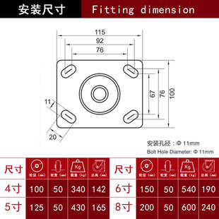 超重型铁芯聚氨酯万向轮工业脚轮寸4/5/6/8底板高加厚耐磨轮承重
