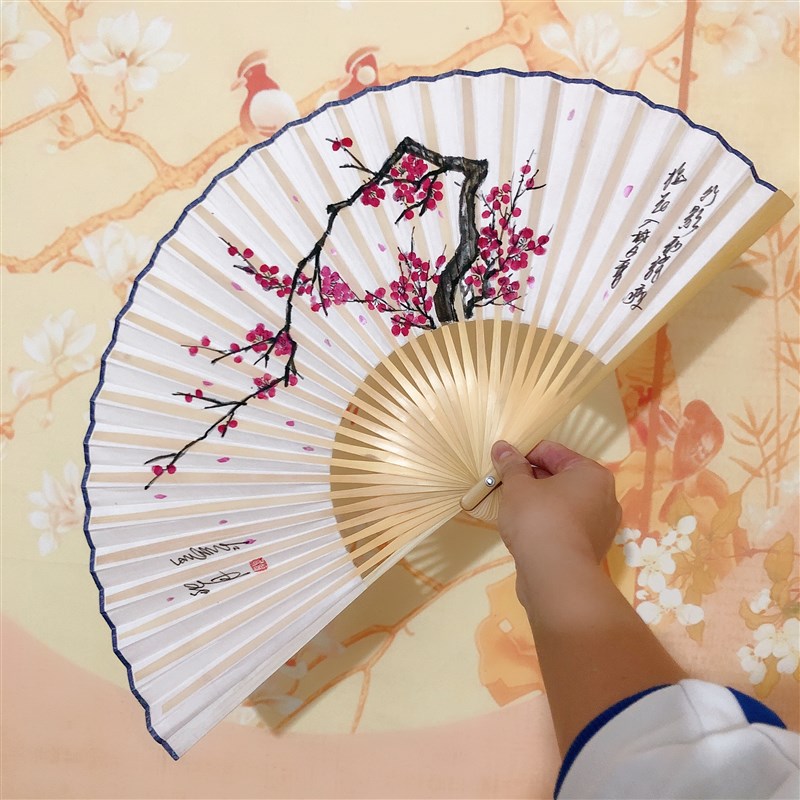 方记手绘 专业演出扇 戏曲 越剧  真丝绸折扇  梅花 30方180度