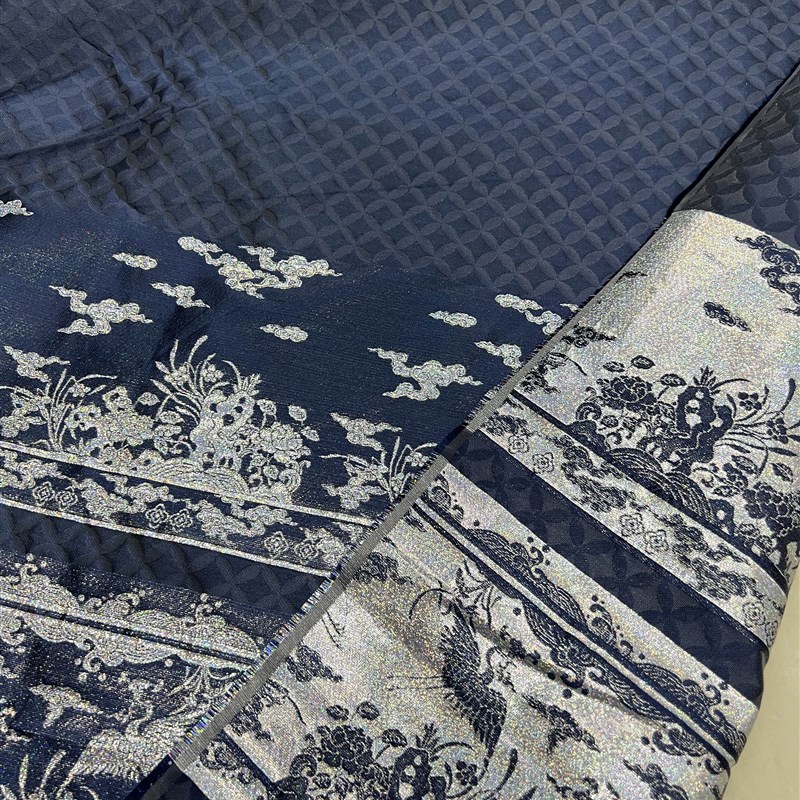 马面裙布料 春夏薄款织金亮闪闪提花成人儿童深蓝色马面裙面料