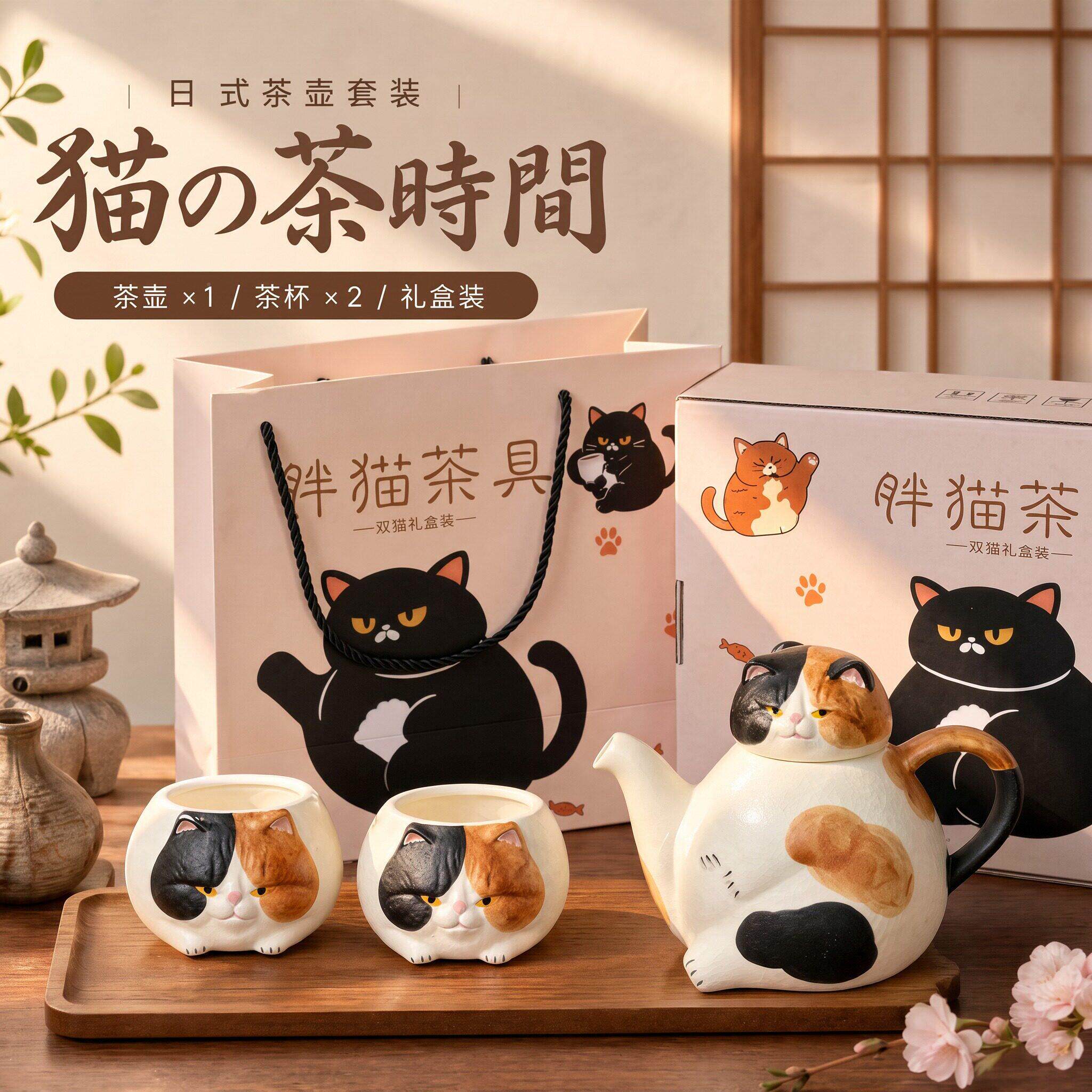 爱日茶式可猫咪陶瓷茶水杯套装手工粗陶喝杯子家用待H9103客茶具