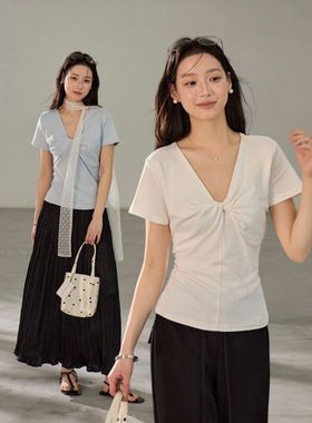 【歌铭】设计感韩系通勤V领扭结t恤女2026春季新款短袖上衣AN016