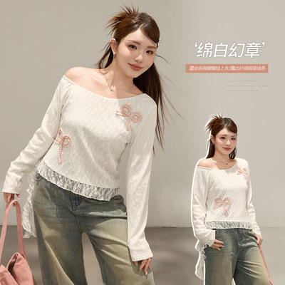 韩版斜肩设计蝴蝶结飘带针织衫女胖mm大码女装显瘦上衣小衫66028