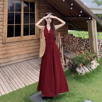 韩版高级感别致独特小众风格连衣裙夏季新款露背拍照纯色少女长裙
