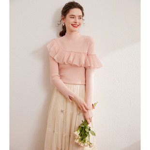 【爆米花专属】&白鹿语串珠拼接压褶荷叶边修身针织衫HX20011