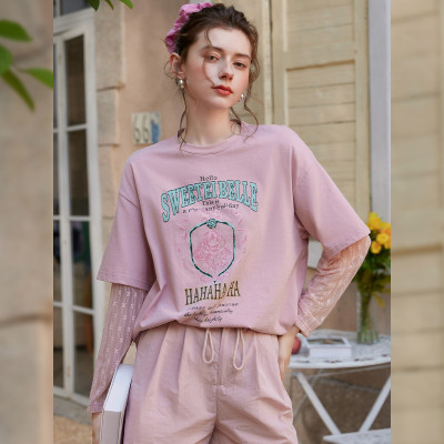 【草莓粉丝专享】&白鹿语纯棉假两件撞色长袖微弹圆领T恤 BY50117