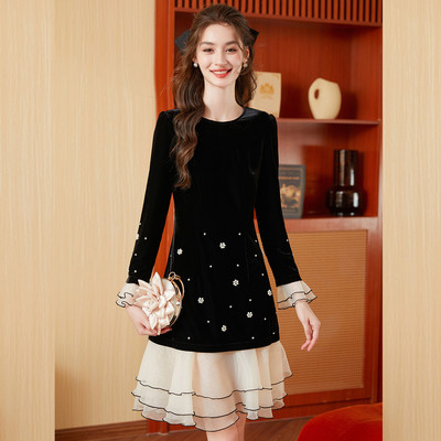 【专柜大清仓】&白鹿语秋款丝绒修身正肩荷叶边连衣裙BL20300