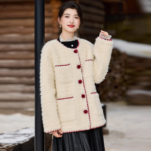 【专柜大清仓】&白鹿语千金风毛绒撞色贝壳边圆领外套WBX20018