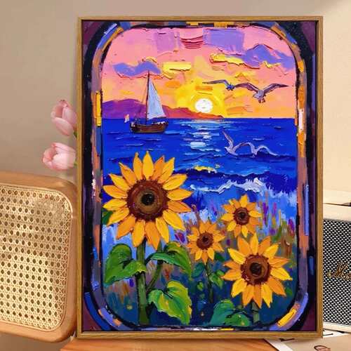 海边向日葵花数字油画手工diy解压填充色丙烯花卉风景摆件装饰画