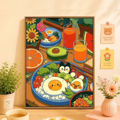 宫崎骏风治愈美食数字油画diy填充填色手工绘卡通丙烯油彩装饰画