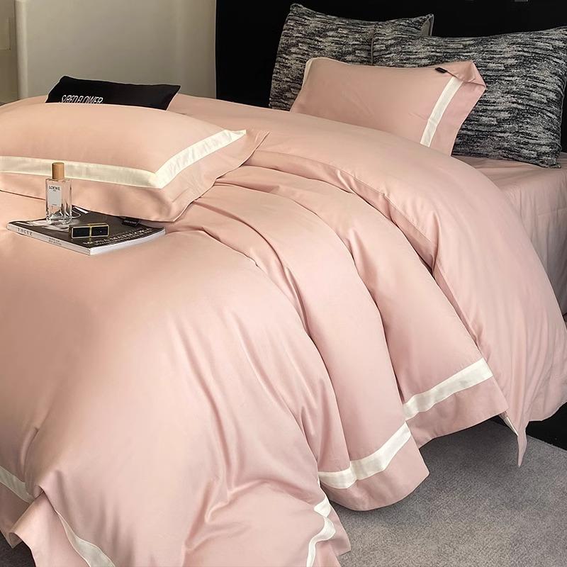 秋冬磨毛纯色简约100支全棉四件套长绒棉被套床单素色拼边床品1.8