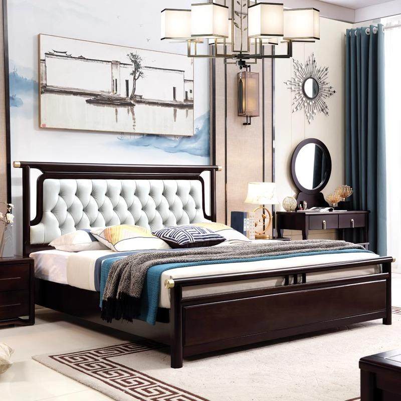 新中式实木床双人床包1.8LJ-LYSJ-米现代约橡胶简木1床.5米软储物