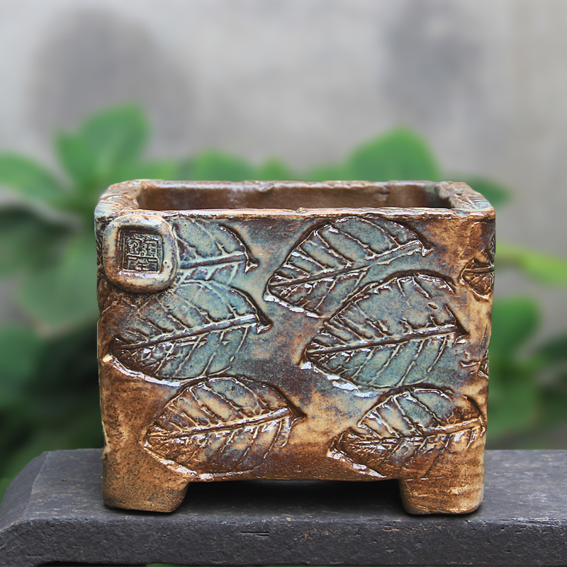 印象派精品高端花器复古粗陶手工方形印纹创意高温窑变花盆