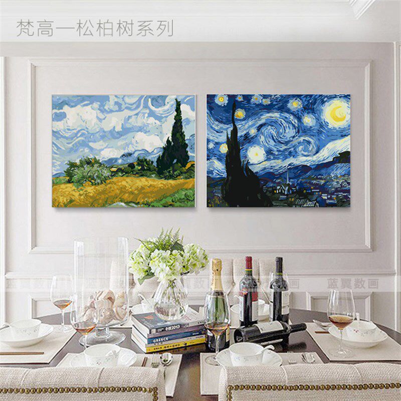 梵高欧式名画diy自绘数字油画客厅油彩画抽象风景星空麦田松柏树