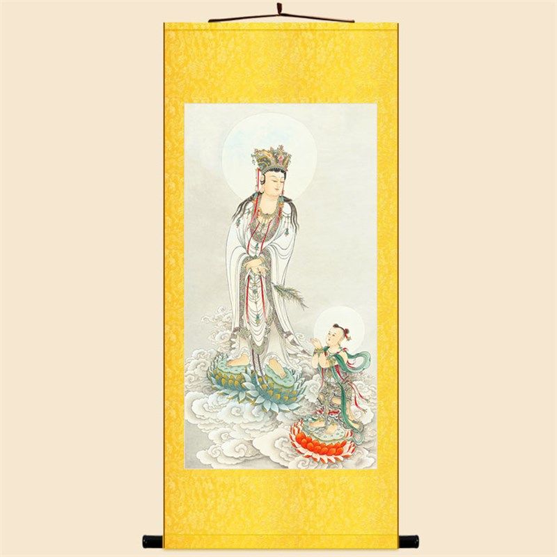 高清童子拜观音图 南海杨枝观世音菩萨画像装饰画 丝绸画卷轴挂画