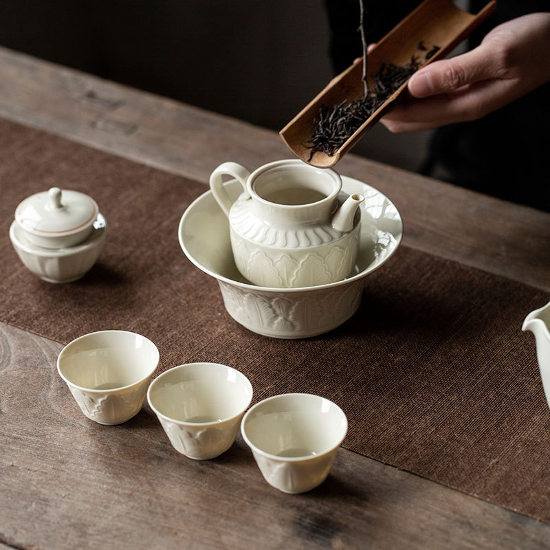《大业有成》定窑白茶壶茶具 壶承 米灰 陶瓷 茶杯