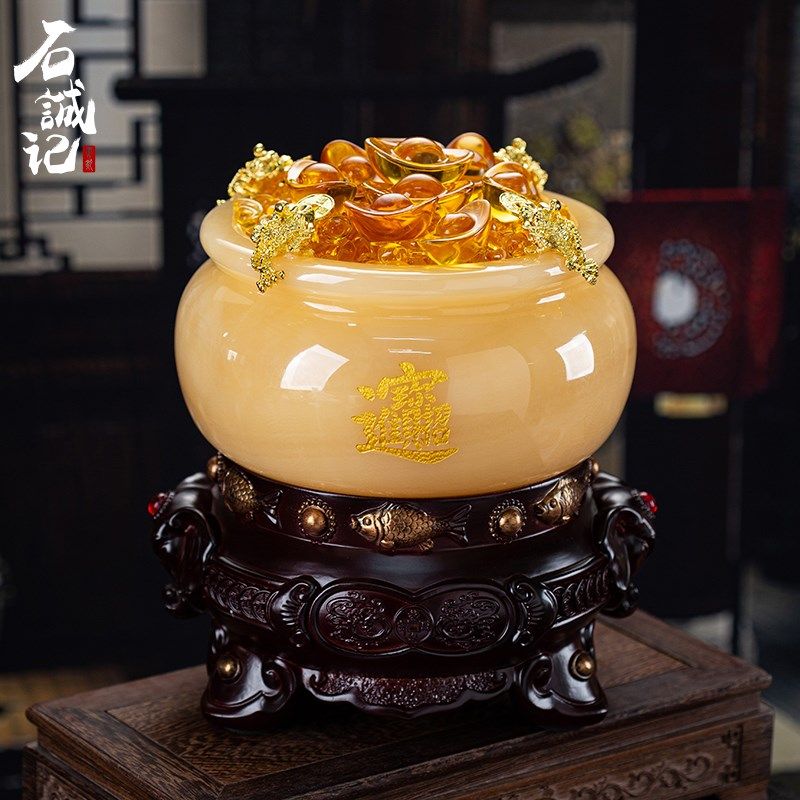 石诚记高档客厅摆件聚宝盆天然玉石工艺品前台装饰品创意开业礼品