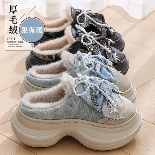 棉拖鞋女2025新款厚底防滑秋冬季可外穿增高毛毛绒保暖踩屎感棉拖