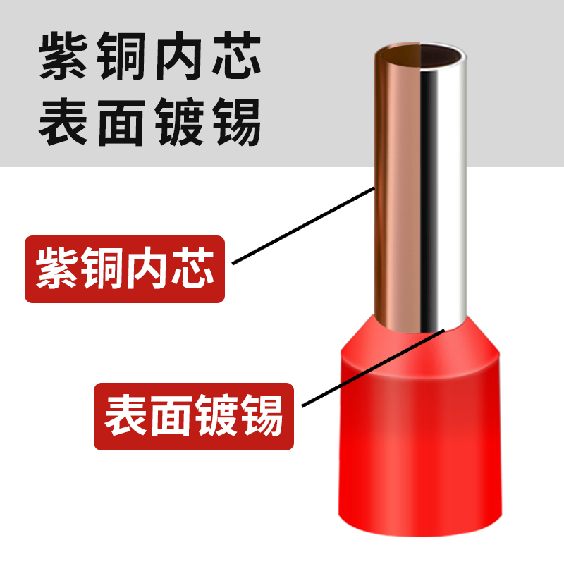 紫铜镀锡E18预绝缘管型端子 VE1008针型端子冷压接线端子压线耳