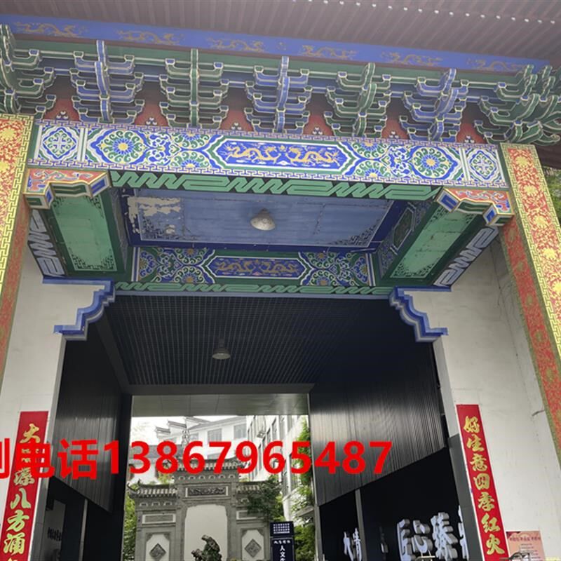 东阳木雕中式实木仿古建筑双层屋檐飞檐门头牌坊门楼E凉亭蓝白彩