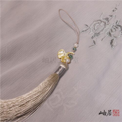 【银杏】蝶贝雕件古风米色流苏 汉服挂饰包挂压襟扇坠灯笼穗 15cm