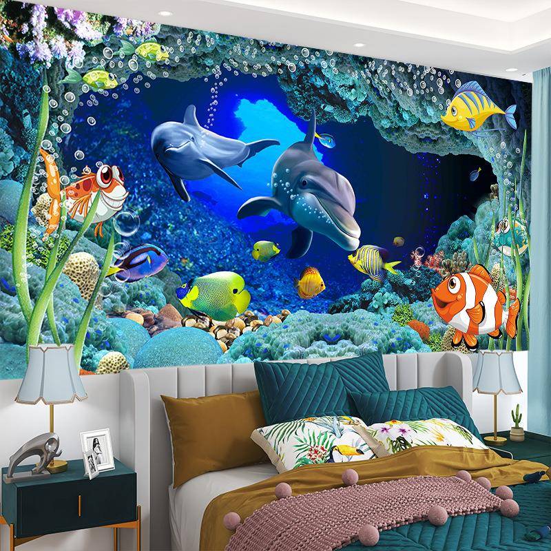 儿童房海洋壁画主题卧室海底世界墙贴画大幅整张自粘墙纸