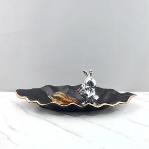 现代简约黑色描金叶子树脂装饰托盘置物盘客厅玄关电视柜家居饰品
