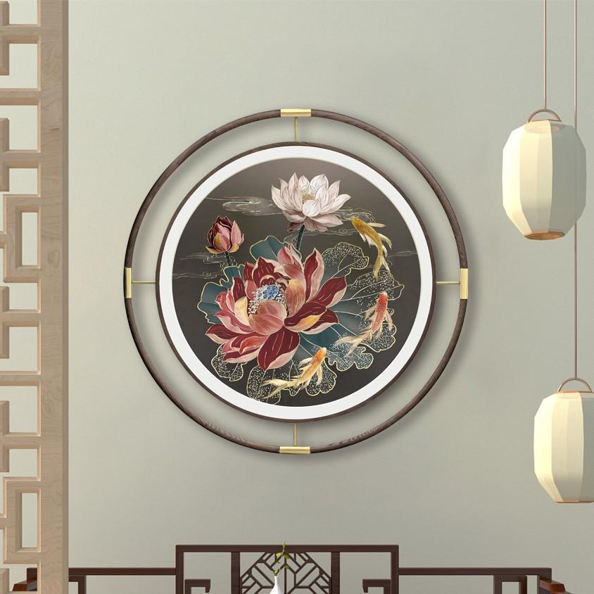 新款九鱼聚财图双框圆形框客厅走廊挂画新中式铜雕画