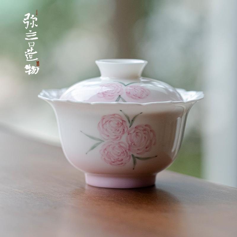 弥言纯手绘玫瑰花盖碗手工陶瓷花口泡茶碗茶杯大号茶艺茶碗不烫手