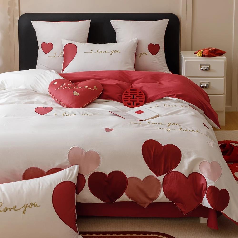 秋冬100S全棉加厚磨毛婚庆四件套红色爱心贴布绣被套结婚床上用品