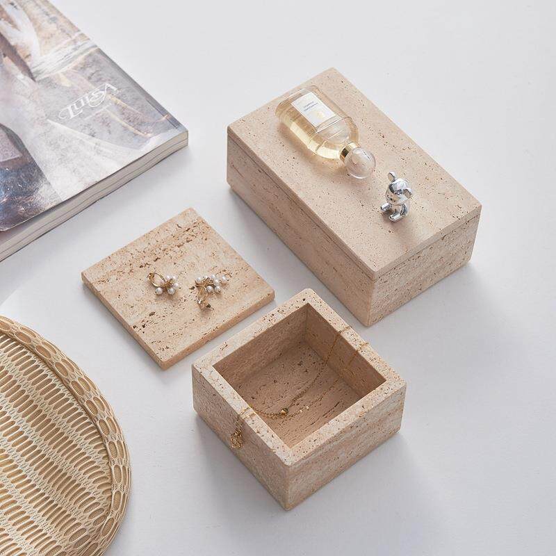 天然洞石收纳盒大理石置物盒化妆棉签杂物整理盒梳妆台首饰精品盒