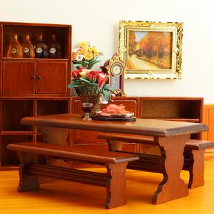 1:12娃娃屋dollhouse迷你小家具模型餐厅场景微缩餐桌长桌长凳子