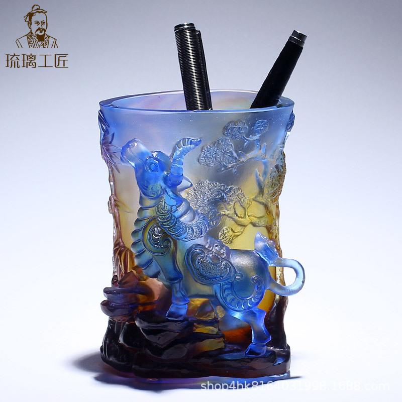 手工制作琉璃工艺品牛气冲天笔筒办公室老板桌面装饰摆件领导高档