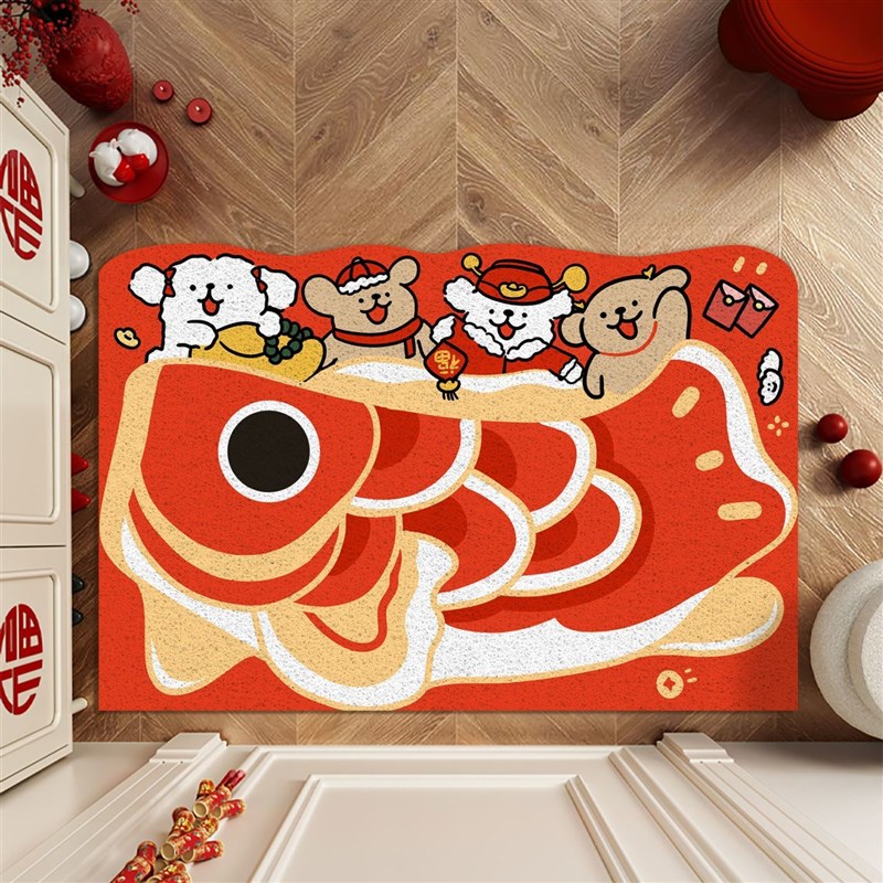 新年红色入户地垫喜庆家用丝圈可裁剪防滑蹭灰大面积全铺线条狗