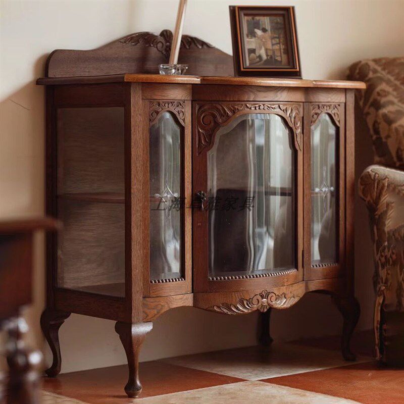 欧式复古实木做旧雕刻玻璃柜展示柜法式古典中古风雕花茶柜餐边柜