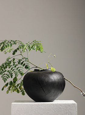 侘寂风纯手工大花瓶黑色炭化木质大漆花器茶空间民宿高级感摆件