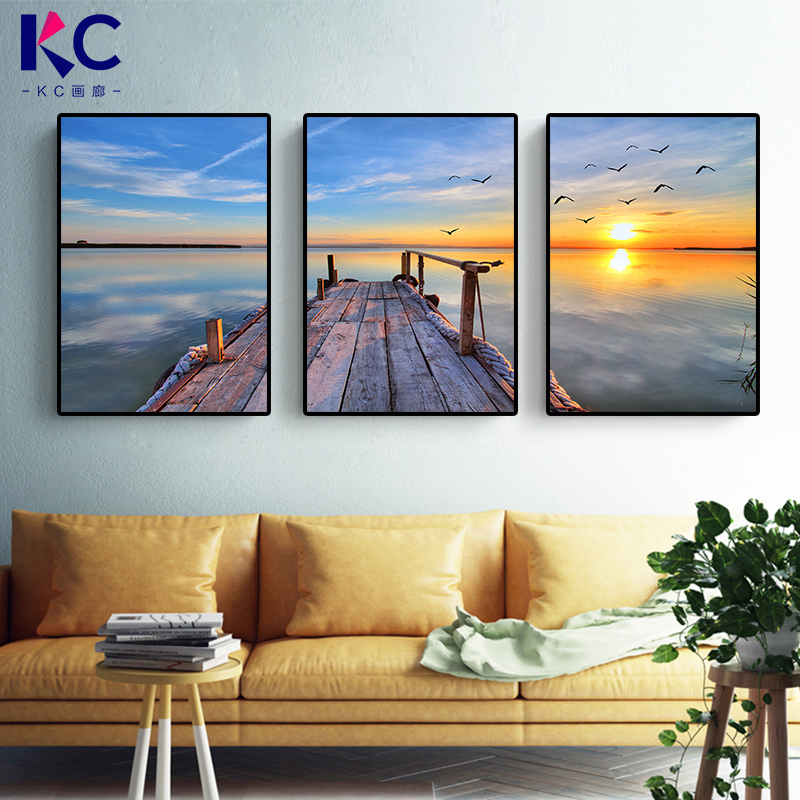 客厅装饰画现代简约沙发背景墙画壁画码头海景风景墙面三联画挂画
