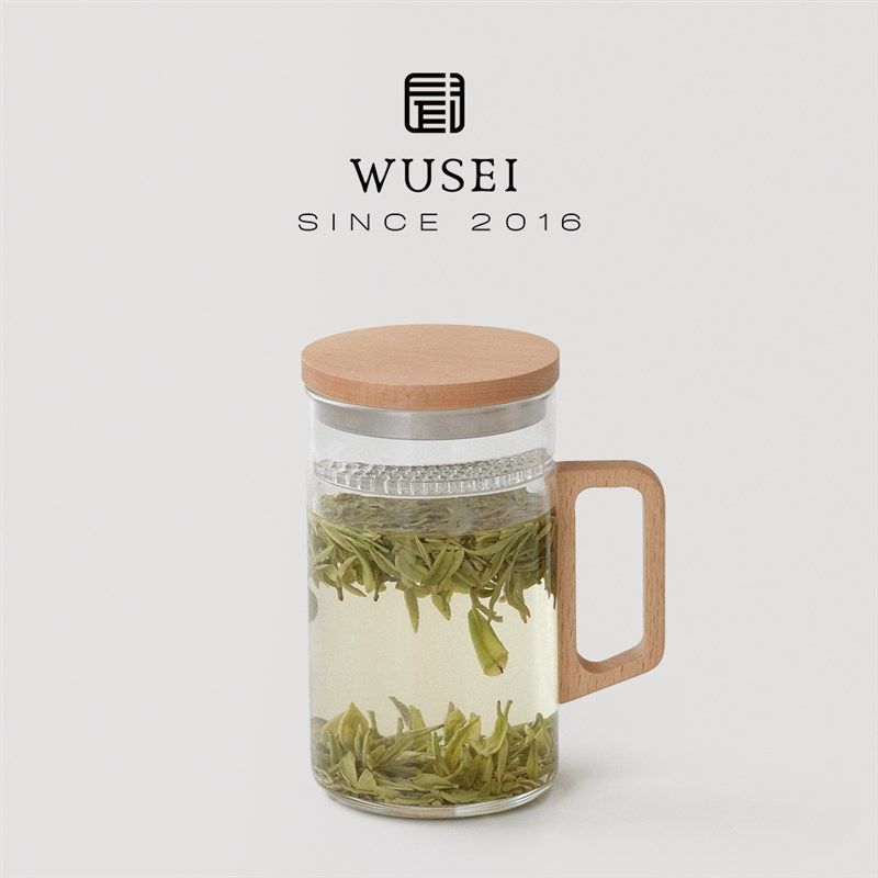 闻说晴白木把绿茶杯 玻璃带盖水杯大容量茶水分离杯玻璃过滤杯子