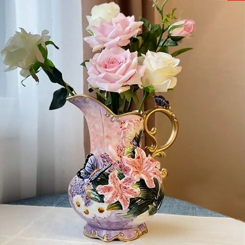 陶瓷大号百合蝴蝶水罐鲜花花瓶可装水客厅餐厅酒柜玄关装饰摆件